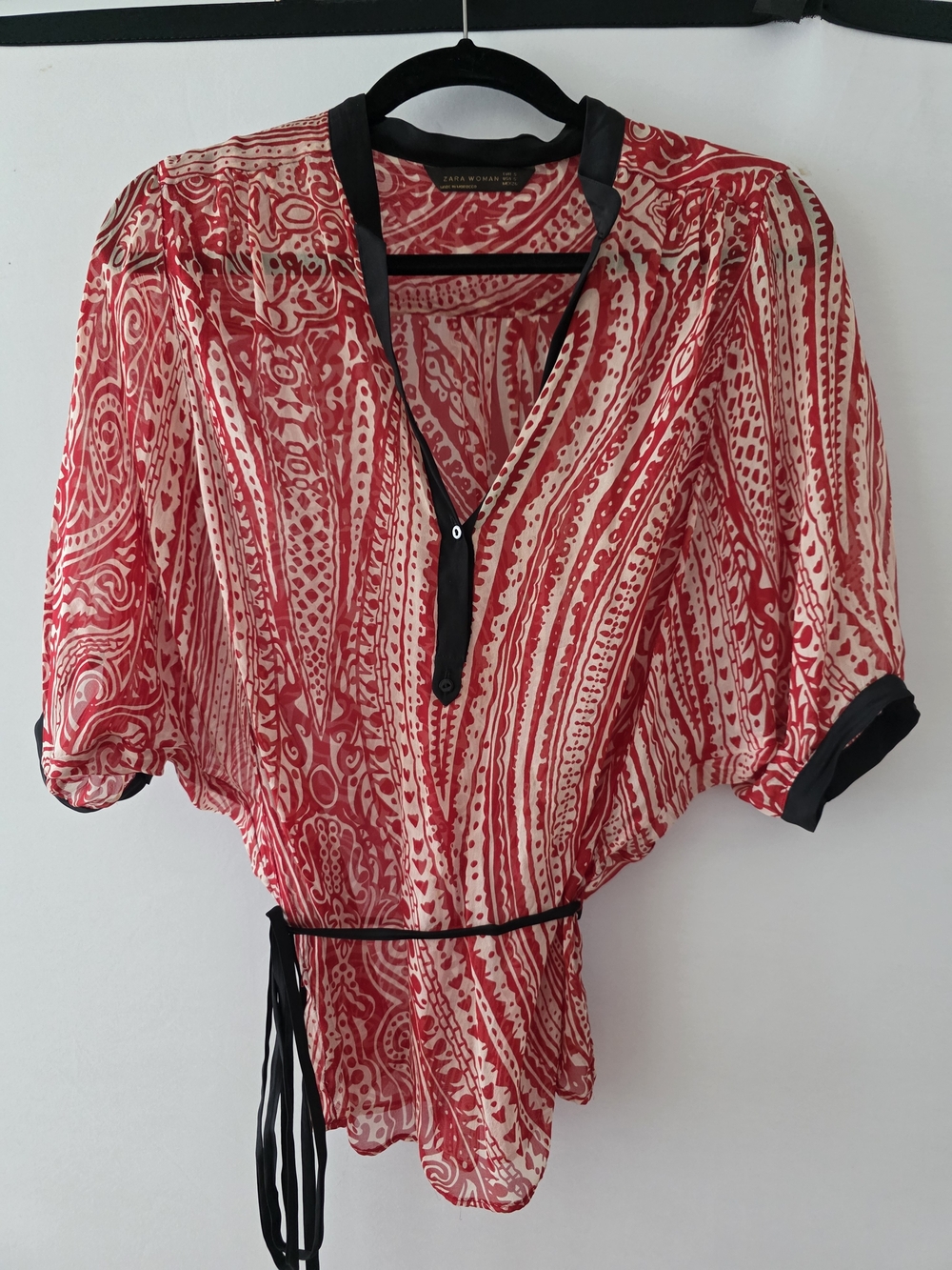 Zara Red and Cream Printed V-Neck Blouse with Black Trim and Waist Tie